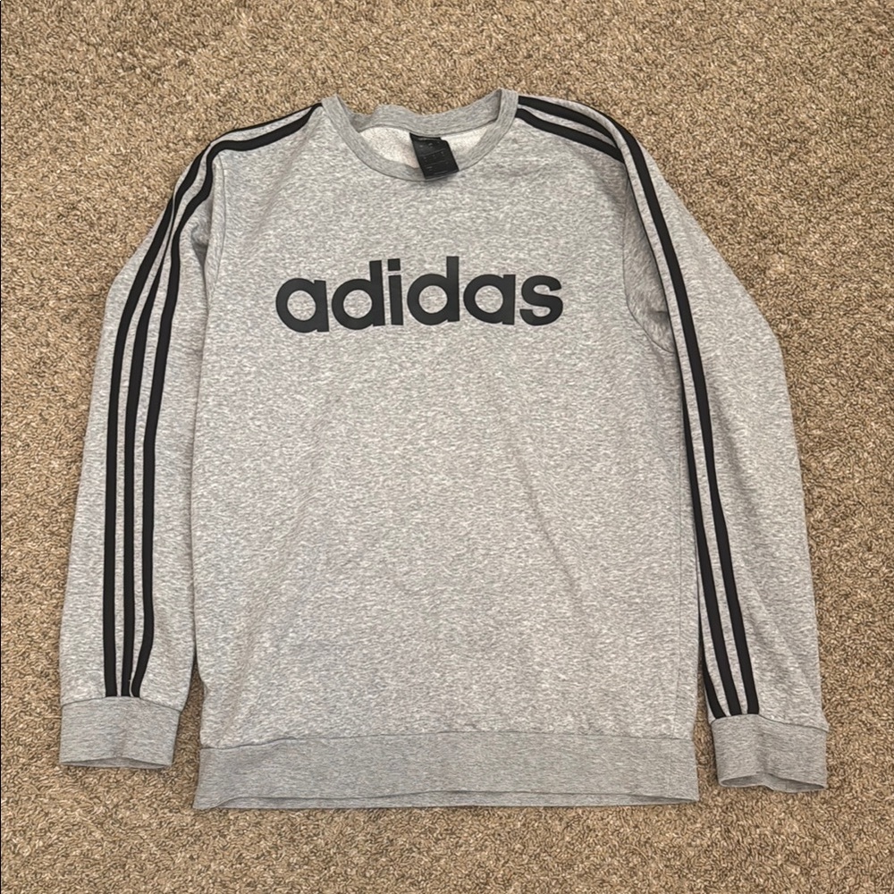 Adidas Men's Crewneck Sweater in Gray with Black Stripes